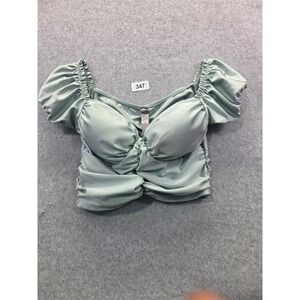 TRESSER Sage Green Ruched Puff Sleeve Padded Sweetheart Crop Top Womens Small